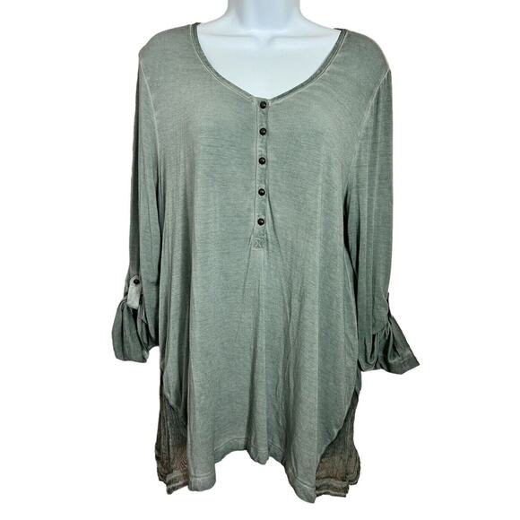 Soft Surroundings Sage Green Blouse Sz Large Silk Trim Roll Tab Sleeves Top - Picture 2 of 10